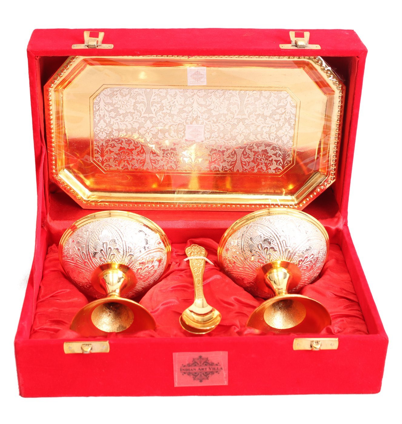 Pure Silver Plated Gold Polished 2 Ice Cream Bowl with 2 spoon & 1 tray