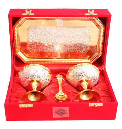 Pure Silver Plated Gold Polished 2 Ice Cream Bowl with 2 spoon & 1 tray