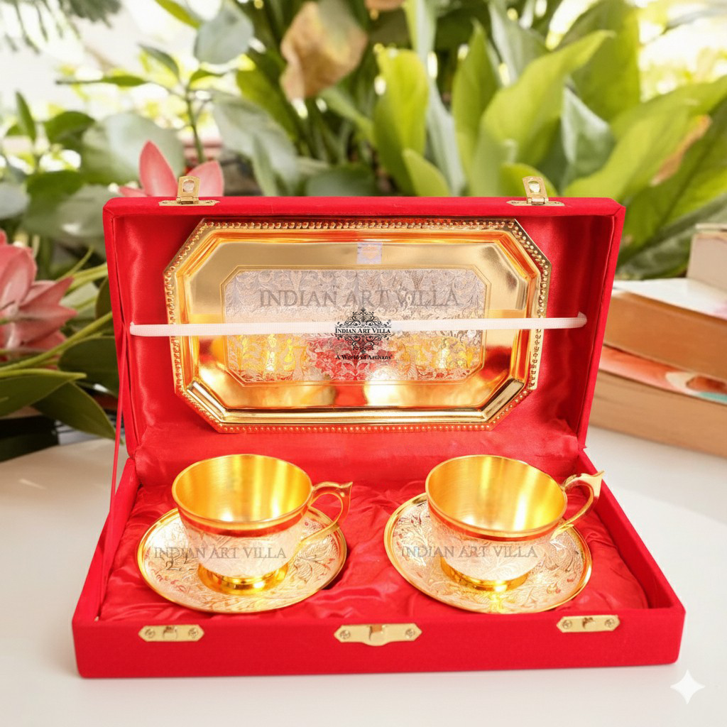 Set of 2 Silver Pleated Gold Polished Silver Plated Set of 2 Cup Sauccers with 1 Tray - Serving Tea Tableware Home Hotel Gift item Decorative Products