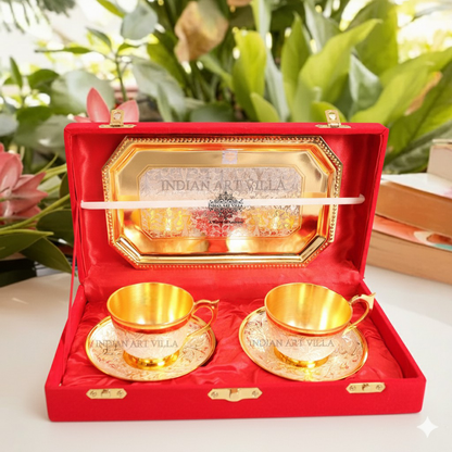 Set of 2 Silver Pleated Gold Polished Silver Plated Set of 2 Cup Sauccers with 1 Tray - Serving Tea Tableware Home Hotel Gift item Decorative Products