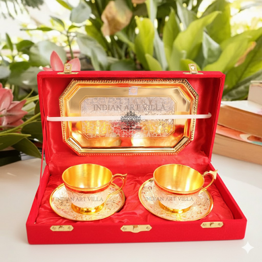 Set of 2 Silver Pleated Gold Polished Silver Plated Set of 2 Cup Sauccers with 1 Tray - Serving Tea Tableware Home Hotel Gift item Decorative Products