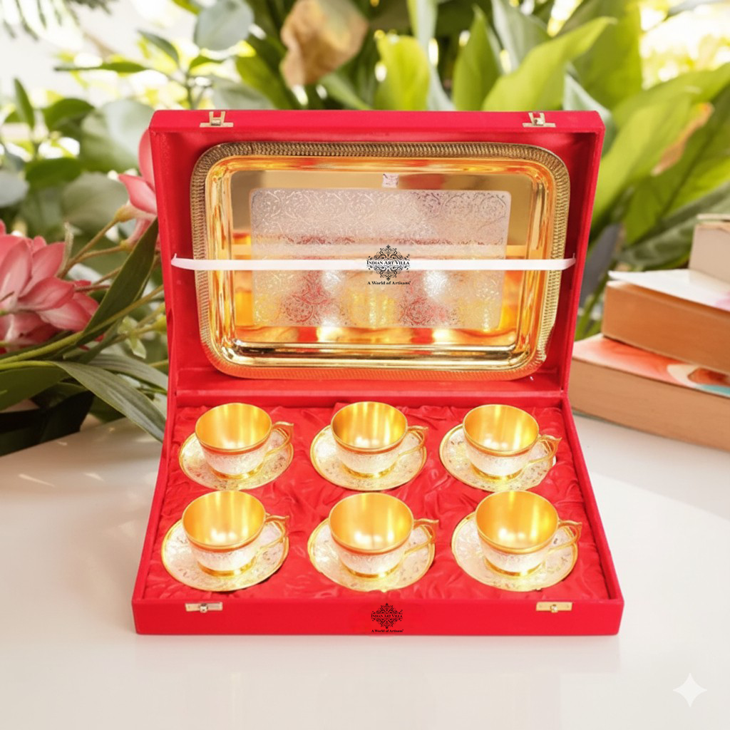Pure Silver Plated Gold Polished 6 Cup Saucers with 1 Tray