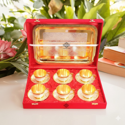 Pure Silver Plated Gold Polished 6 Cup Saucers with 1 Tray