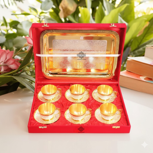 Pure Silver Plated Gold Polished 6 Cup Saucers with 1 Tray