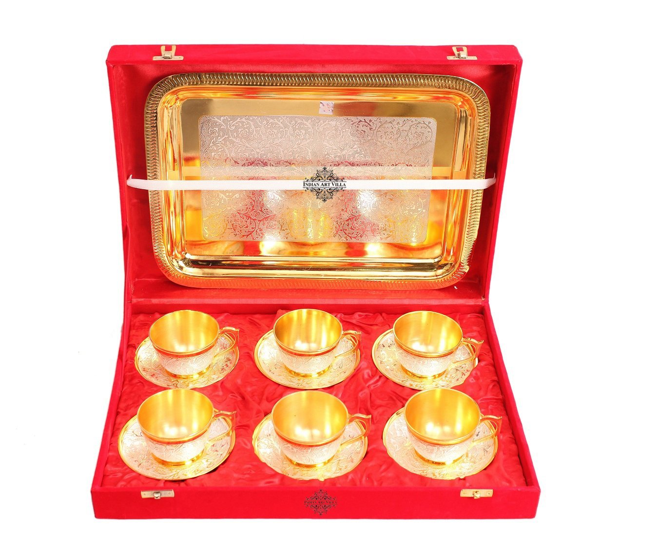 Pure Silver Plated Gold Polished 6 Cup Saucers with 1 Tray