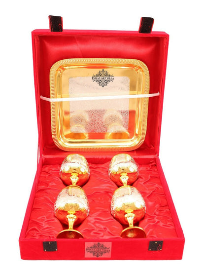 Silver Plated Gold Polish 4 Wine Glass & 1 Square Tray