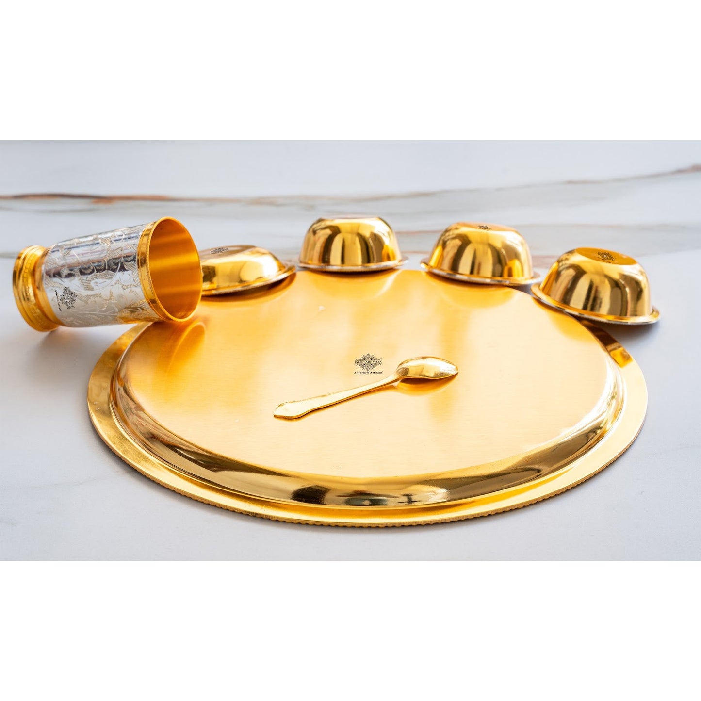 Handcrafted Pure Silver Plated Embossed Design Dinner Set 7 Pieces