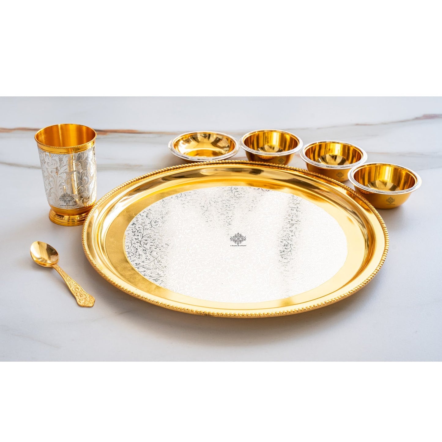 Handcrafted Pure Silver Plated Embossed Design Dinner Set 7 Pieces