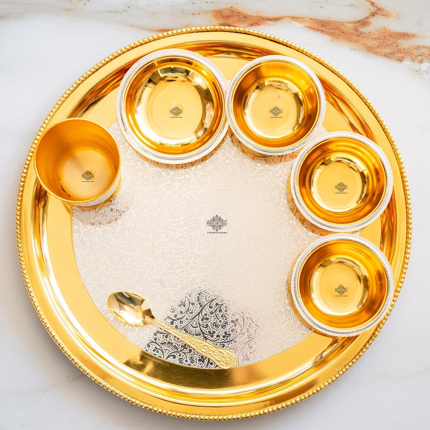 Handcrafted Pure Silver Plated Embossed Design Dinner Set 7 Pieces