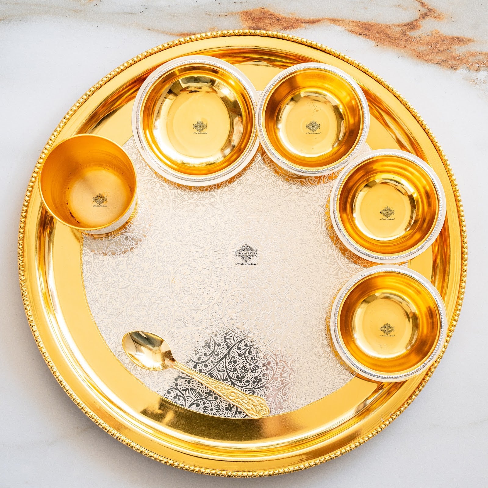 Handcrafted Pure Silver Plated Embossed Design Dinner Set 7 Pieces