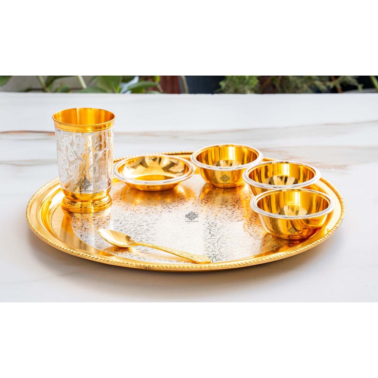 Handcrafted Pure Silver Plated Embossed Design Dinner Set 7 Pieces