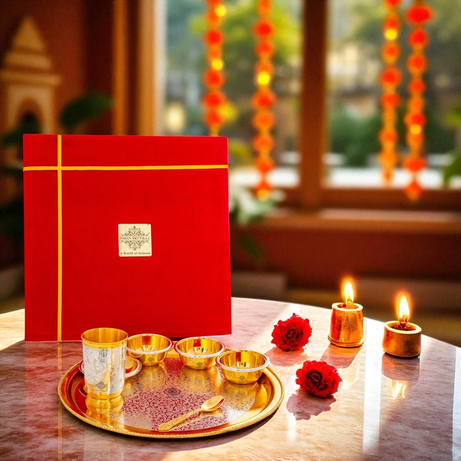 Handcrafted Pure Silver Plated Embossed Design Dinner Set 7 Pieces