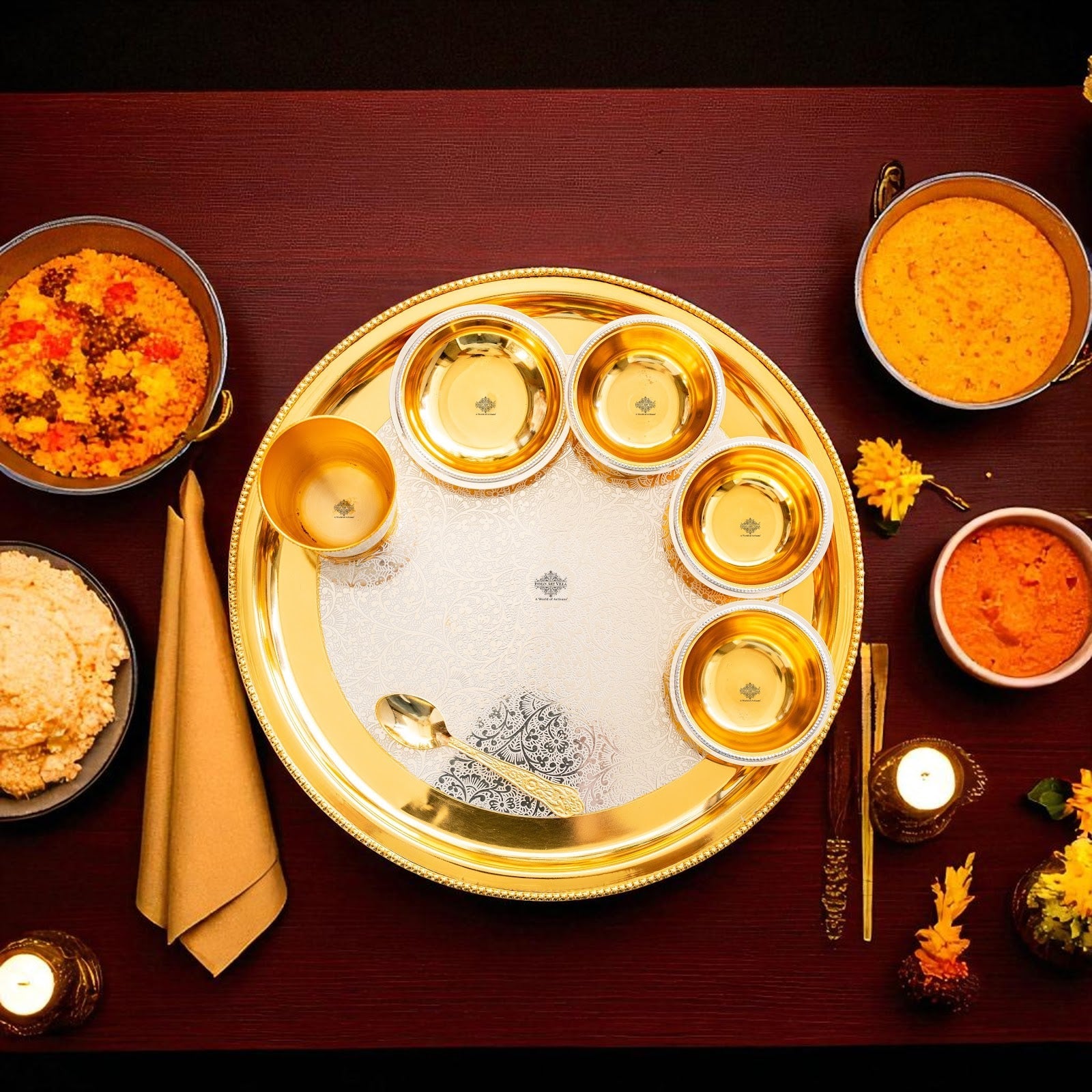 Handcrafted Pure Silver Plated Embossed Design Dinner Set 7 Pieces