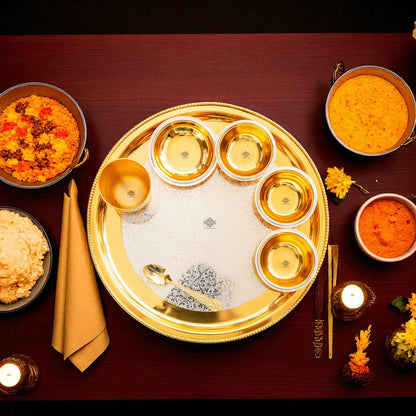 Handcrafted Pure Silver Plated Embossed Design Dinner Set 7 Pieces