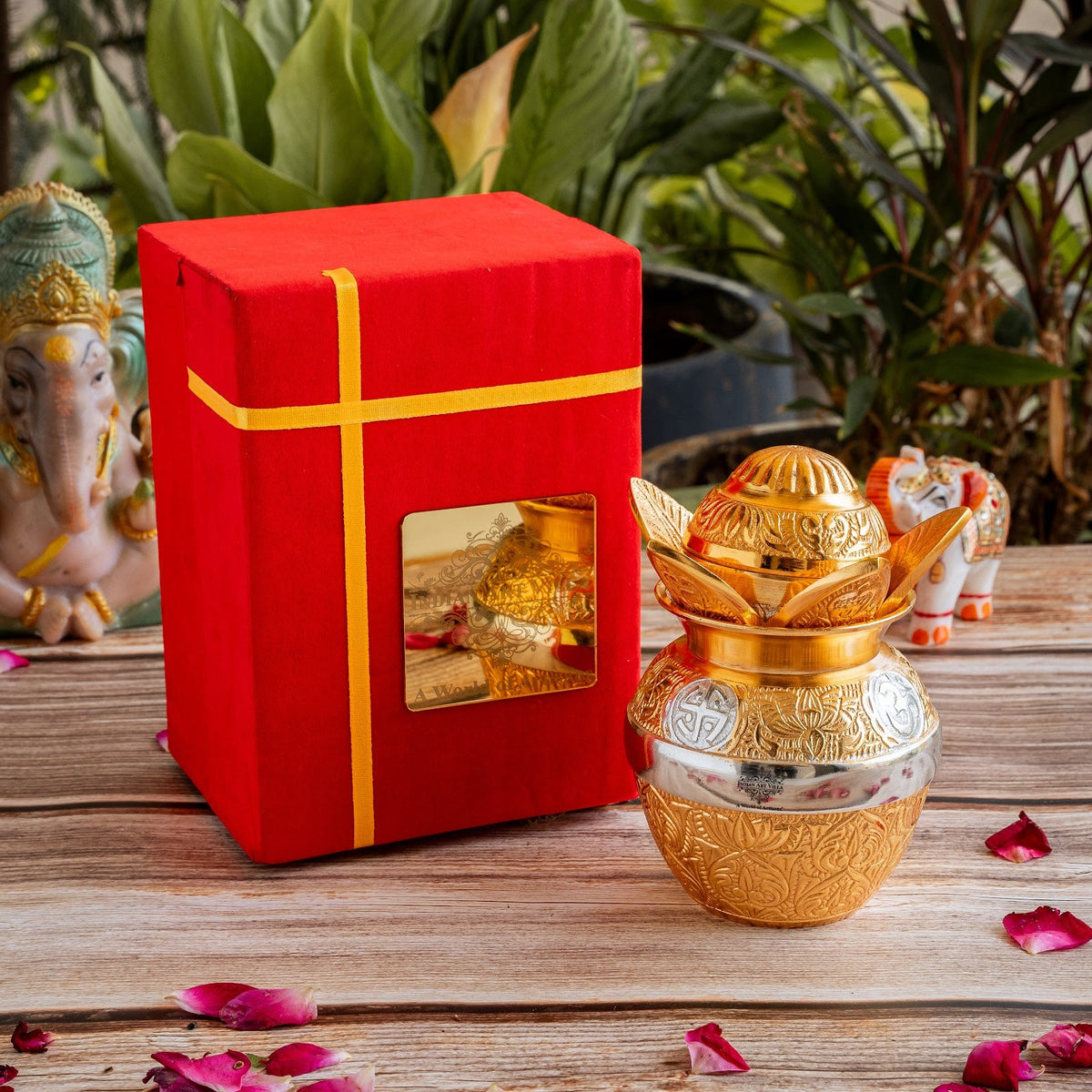 Silver Plated Gold Polished Designer Mangal Kalash with Coconut