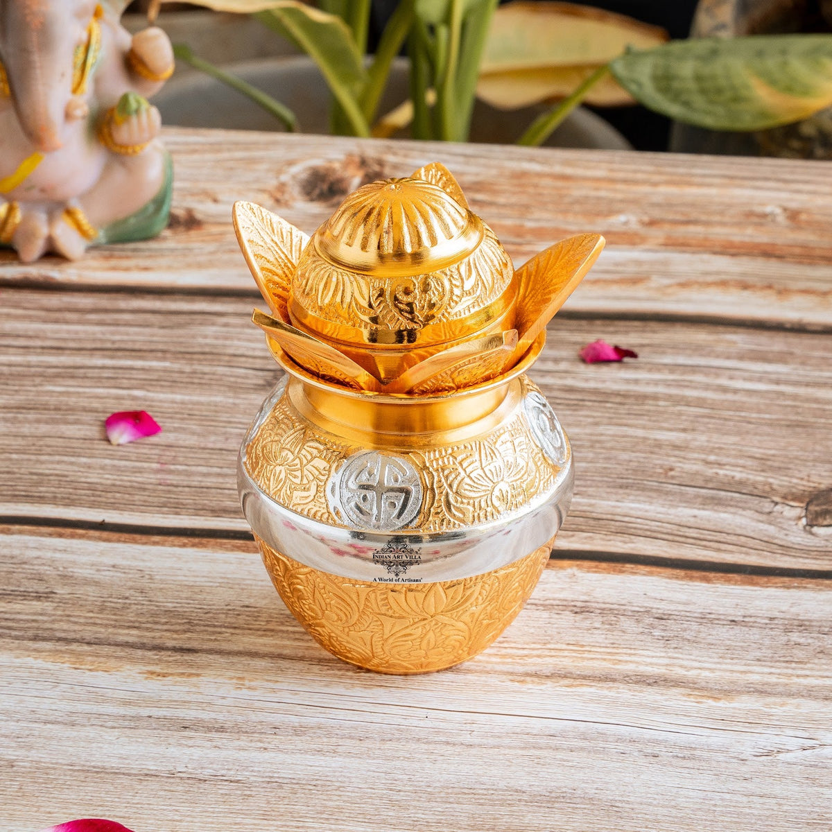 Silver Plated Gold Polished Designer Mangal Kalash with Coconut
