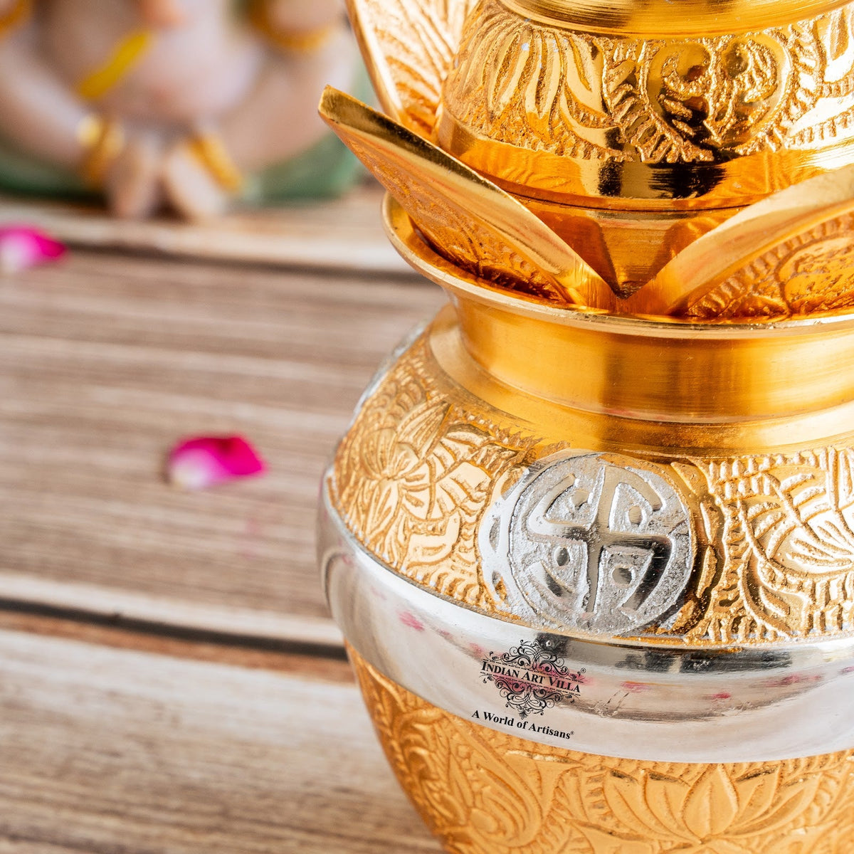 Silver Plated Gold Polished Designer Mangal Kalash with Coconut