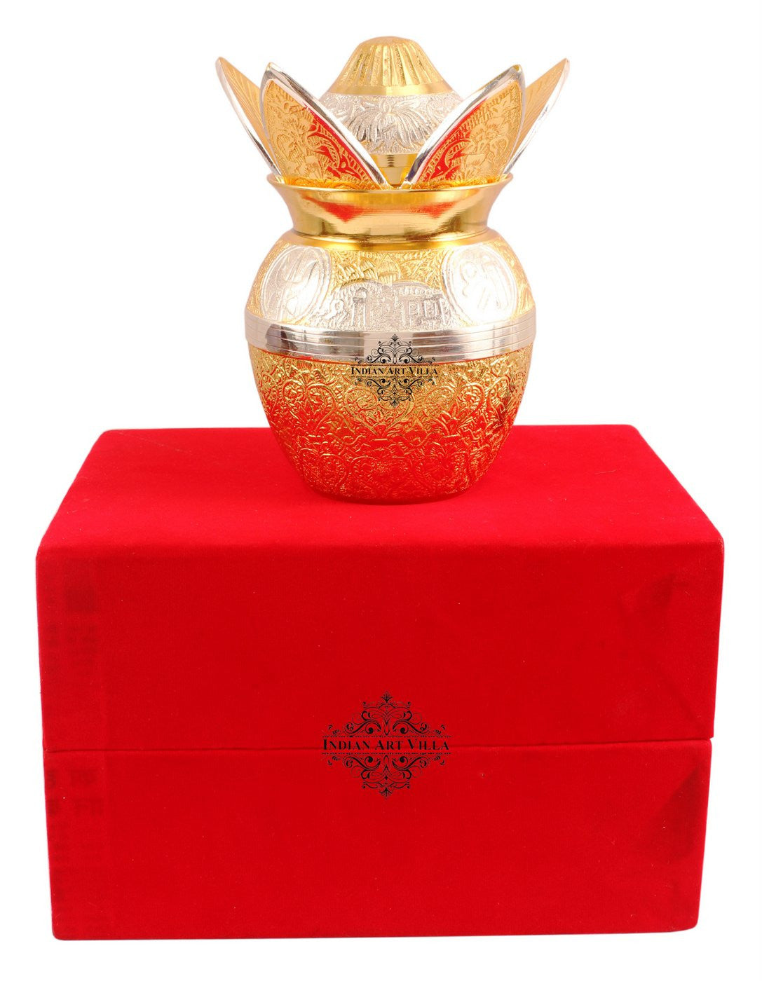 Handcrafted Pure Silver Plated Gold Polished Designer Mangal Kalash with Coconut