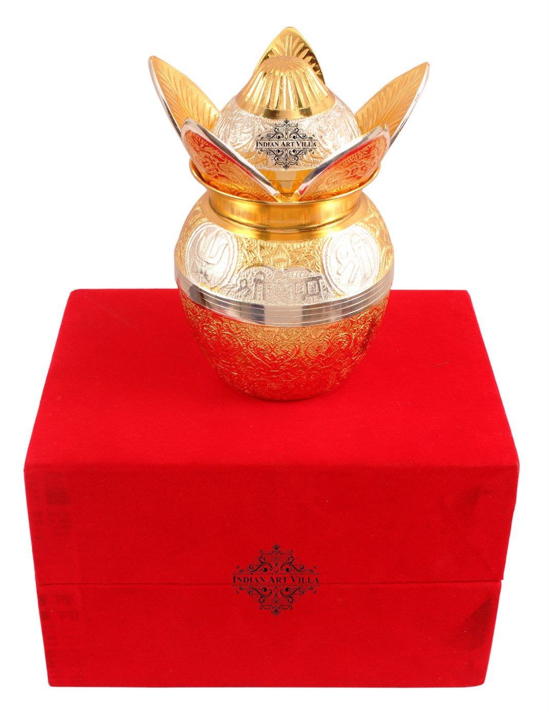 Handcrafted Pure Silver Plated Gold Polished Designer Mangal Kalash with Coconut