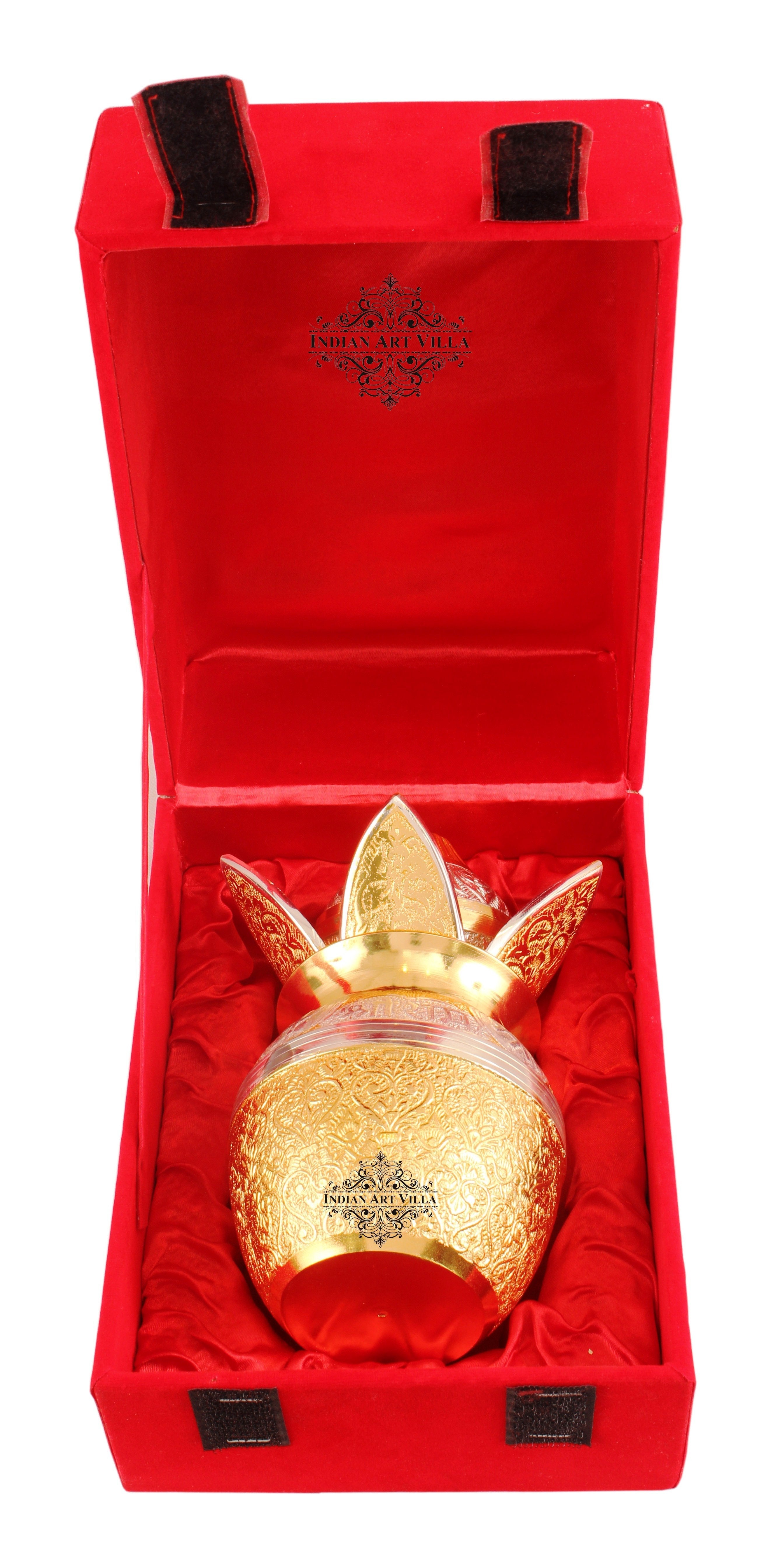 Handcrafted Pure Silver Plated Gold Polished Designer Mangal Kalash with Coconut