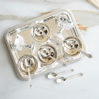 Silver Plated Designer Gift Set 6 Ice Cream Bowl with 6 Spoon & 1 Tray