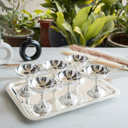 Silver Plated Designer Gift Set 6 Ice Cream Bowl with 6 Spoon & 1 Tray