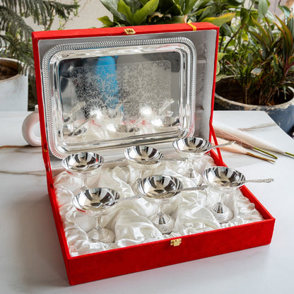 Silver Plated Designer Gift Set 6 Ice Cream Bowl with 6 Spoon & 1 Tray