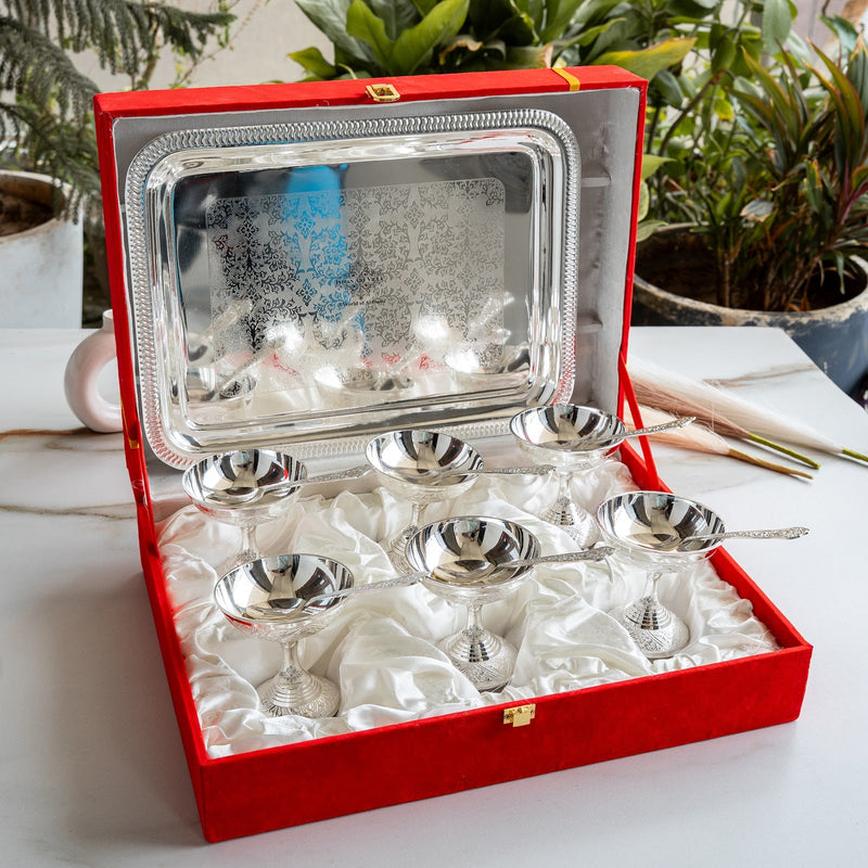 Silver Plated Designer Gift Set 6 Ice Cream Bowl with 6 Spoon & 1 Tray