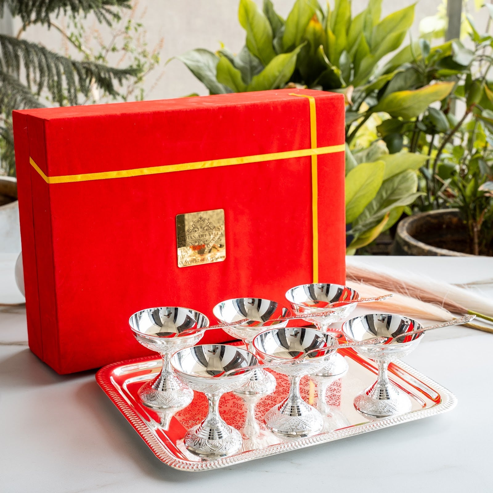 Silver Plated Designer Gift Set 6 Ice Cream Bowl with 6 Spoon & 1 Tray