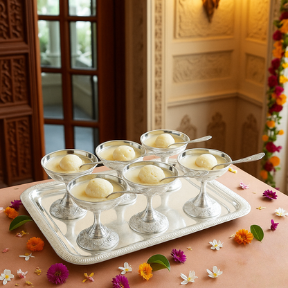 Silver Plated Designer Gift Set 6 Ice Cream Bowl with 6 Spoon & 1 Tray