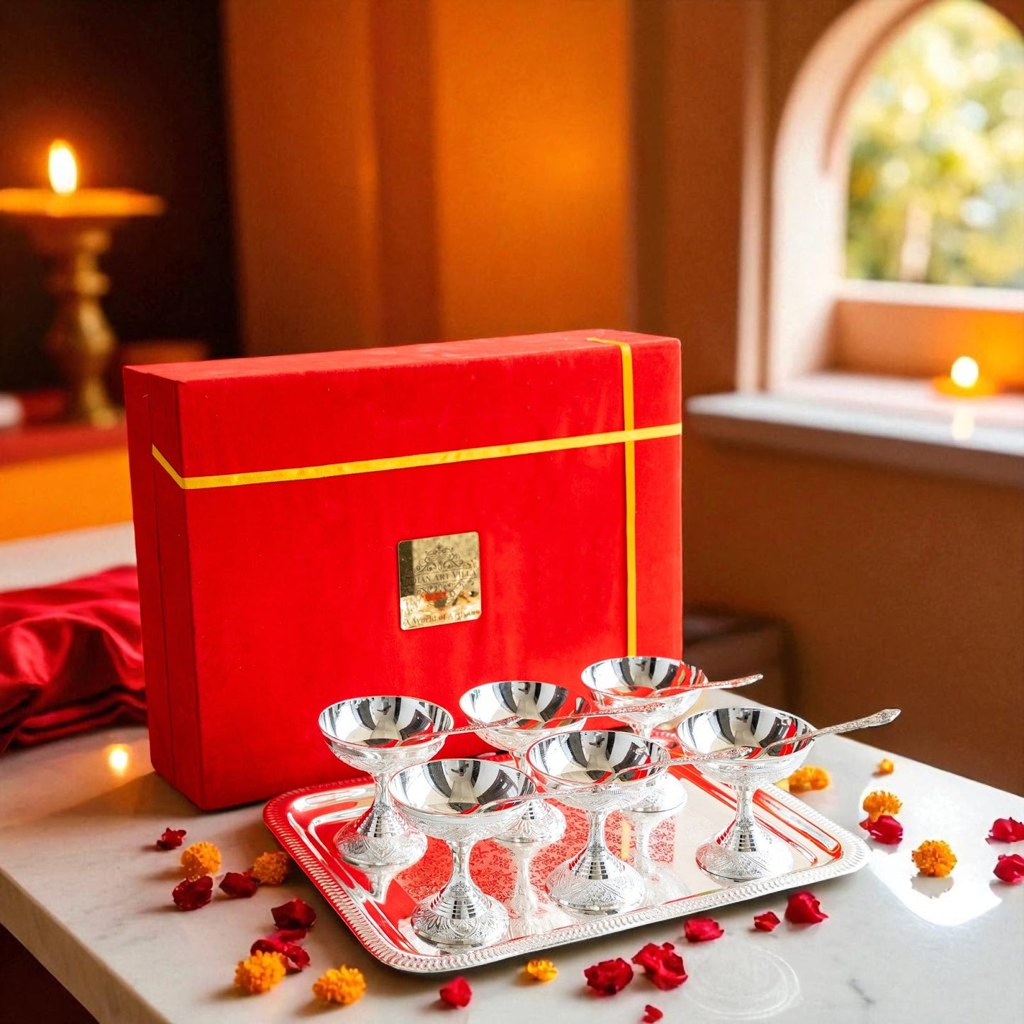 Silver Plated Designer Gift Set 6 Ice Cream Bowl with 6 Spoon & 1 Tray