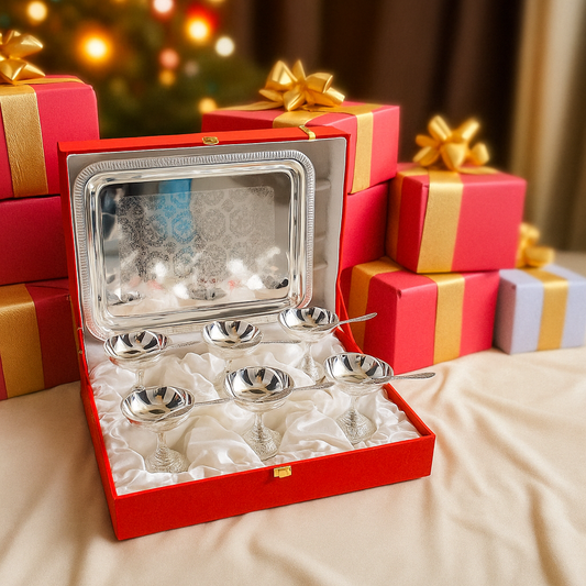 Silver Plated Designer Gift Set 6 Ice Cream Bowl with 6 Spoon & 1 Tray