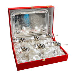 Silver Plated Designer Gift Set 6 Ice Cream Bowl with 6 Spoon & 1 Tray