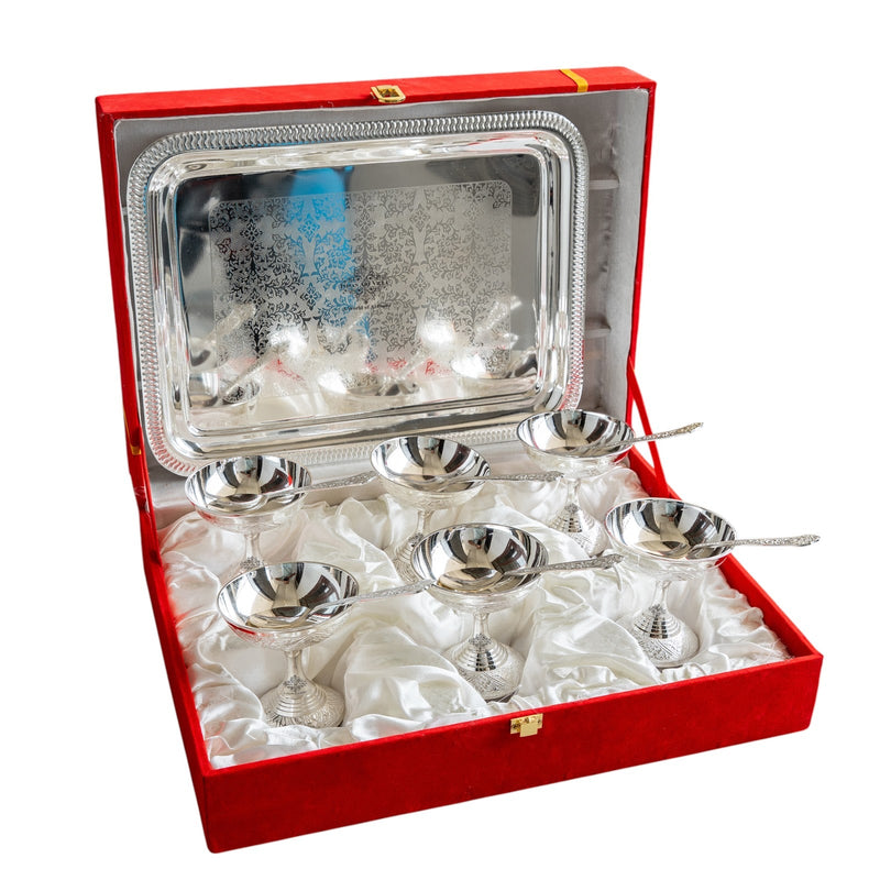 Silver Plated Designer Gift Set 6 Ice Cream Bowl with 6 Spoon & 1 Tray