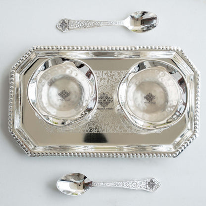 Handcrafted Silver Plated Flower Design Bowl 200ml with 2 Spoon, 1 Tray