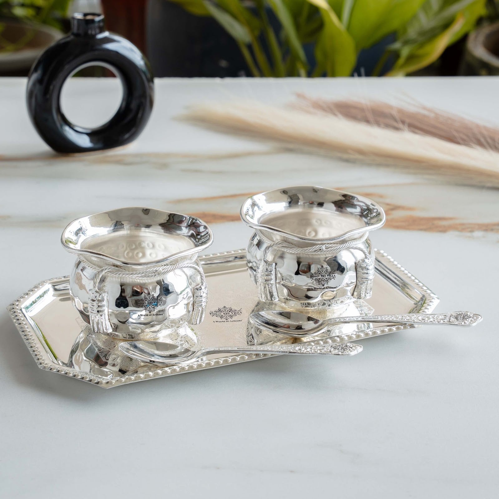 Handcrafted Silver Plated Flower Design Bowl 200ml with 2 Spoon, 1 Tray