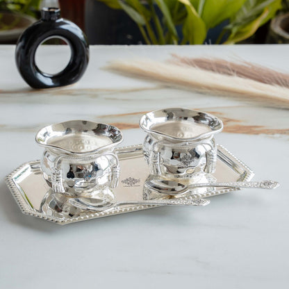Handcrafted Silver Plated Flower Design Bowl 200ml with 2 Spoon, 1 Tray