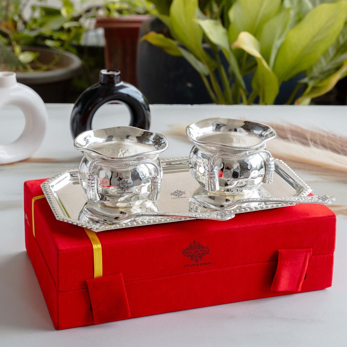 Handcrafted Silver Plated Flower Design Bowl 200ml with 2 Spoon, 1 Tray