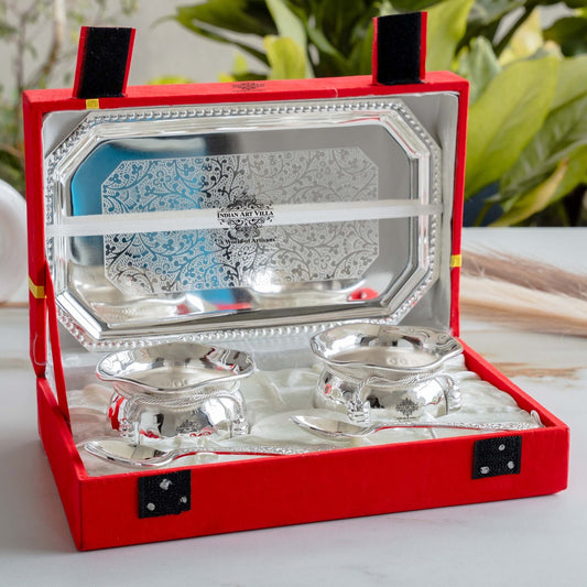 Handcrafted Silver Plated Flower Design Bowl 200ml with 2 Spoon, 1 Tray