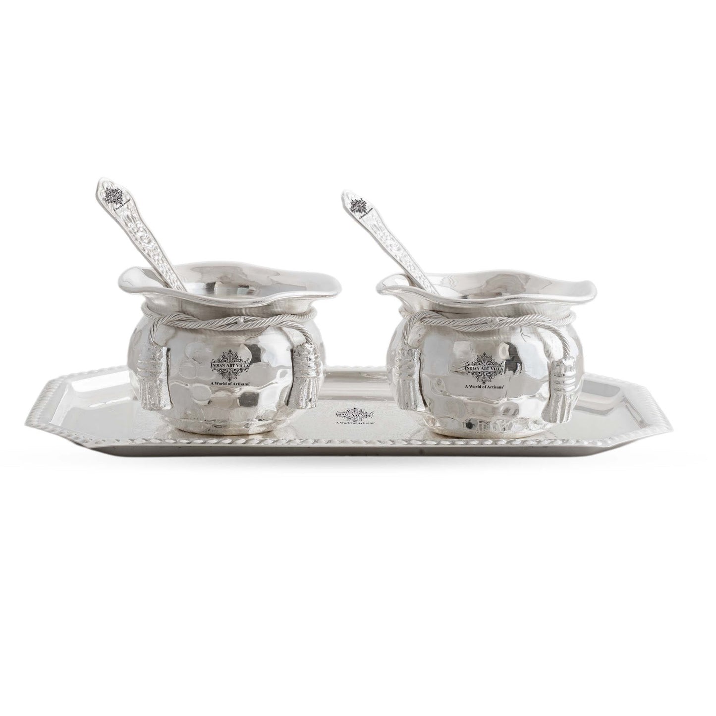 Handcrafted Silver Plated Flower Design Bowl 200ml with 2 Spoon, 1 Tray