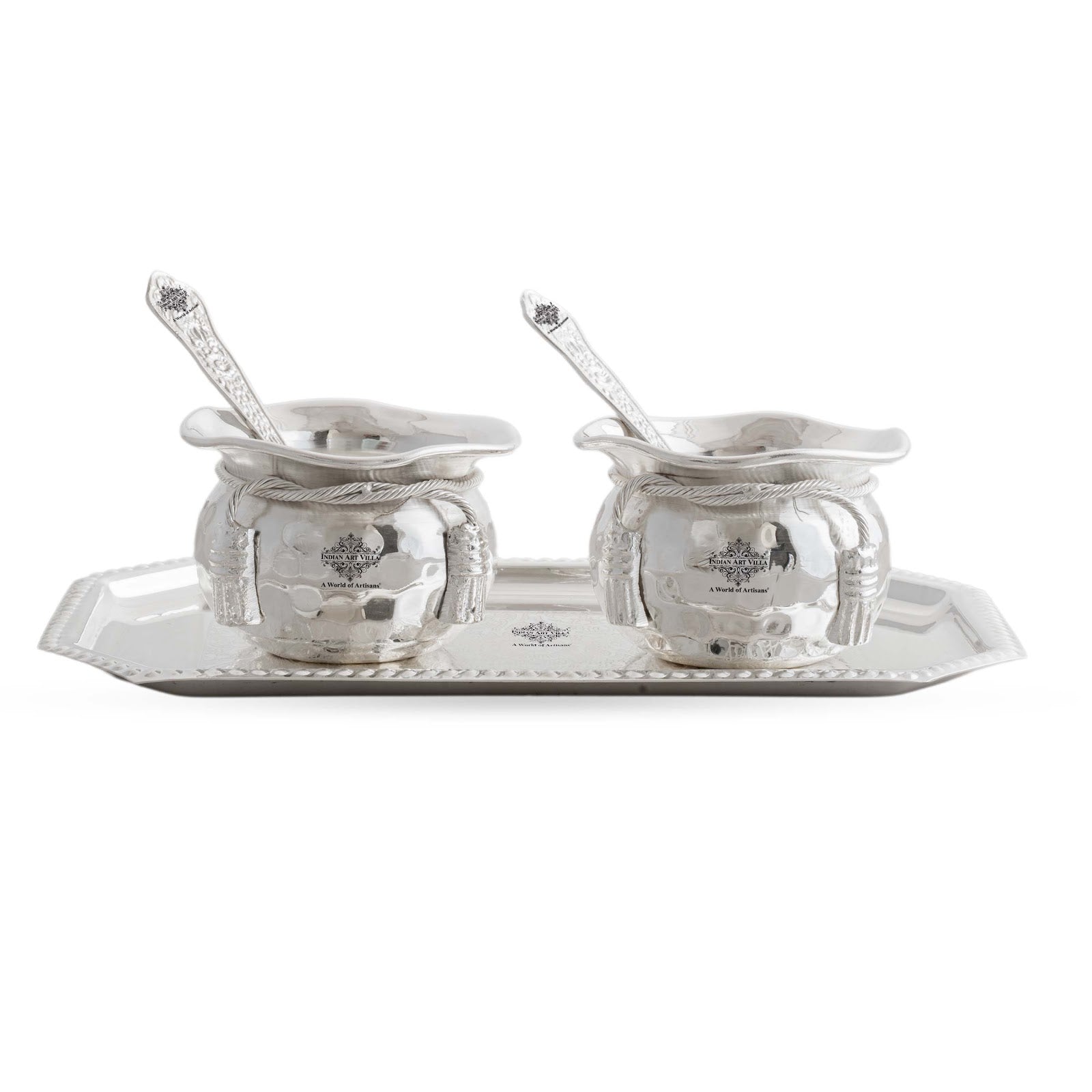 Handcrafted Silver Plated Flower Design Bowl 200ml with 2 Spoon, 1 Tray