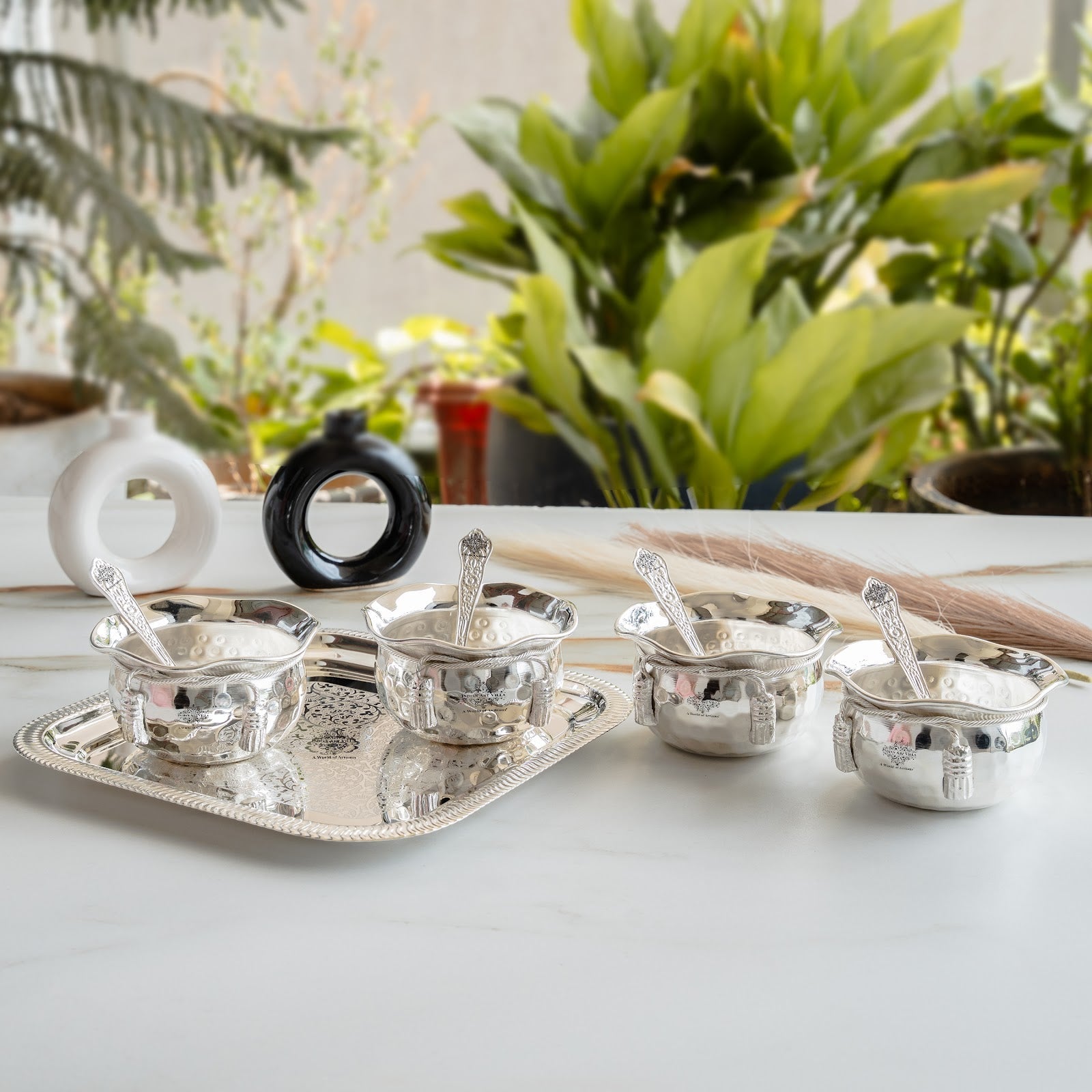 Silver Plated Hammer Bowl with 4 Spoon & Embossed Design 1 Tray