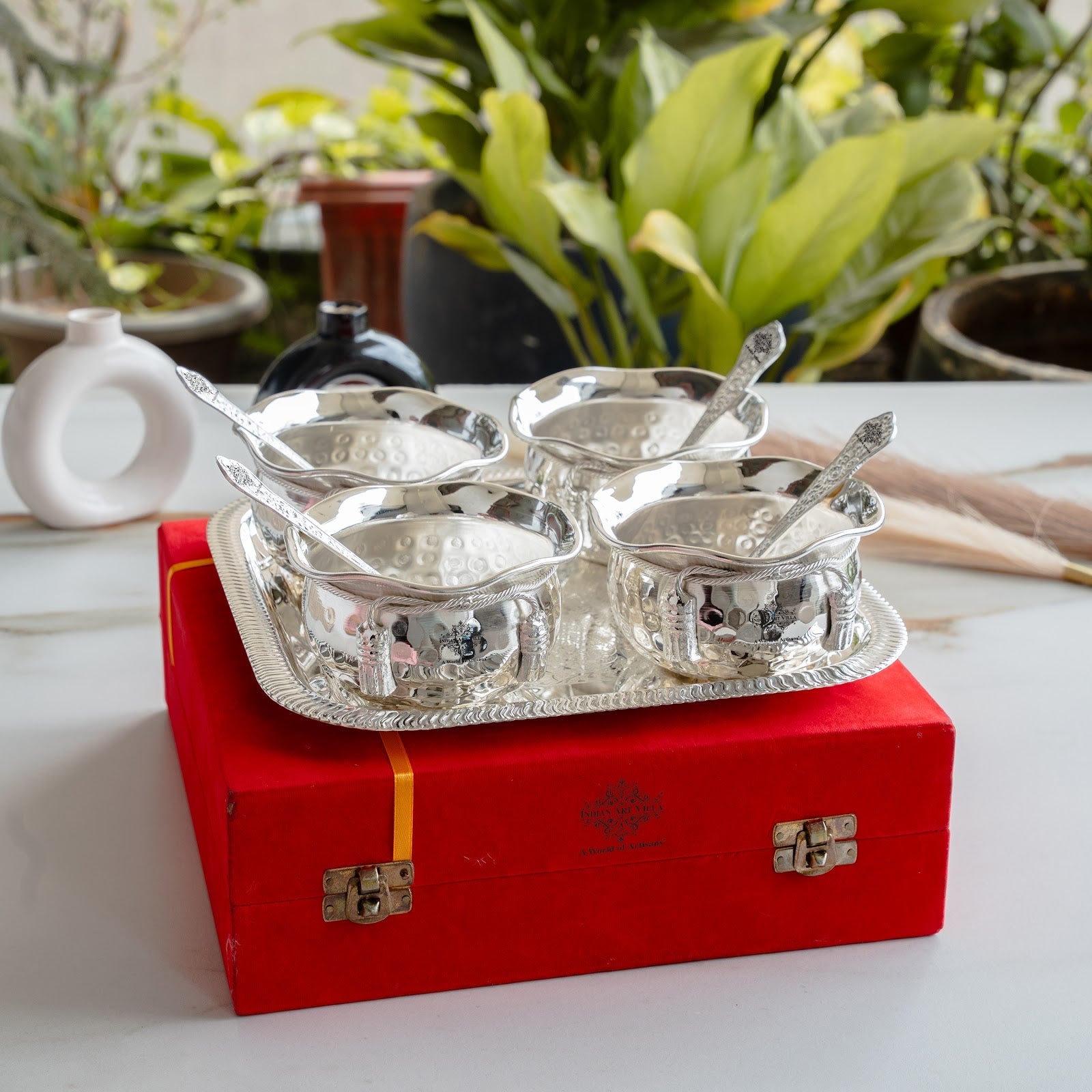 Silver Plated Hammer Bowl with 4 Spoon & Embossed Design 1 Tray