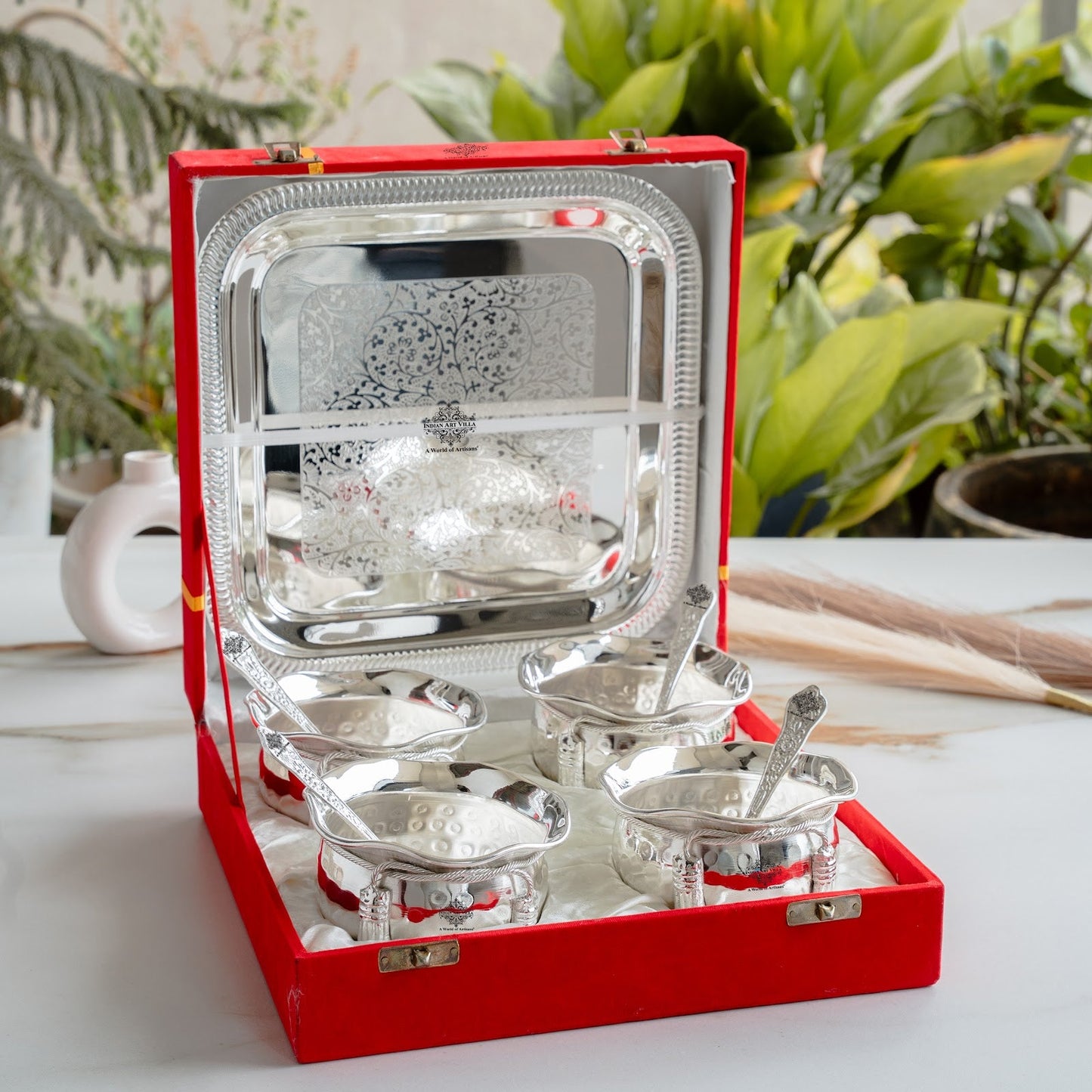 Silver Plated Hammer Bowl with 4 Spoon & Embossed Design 1 Tray