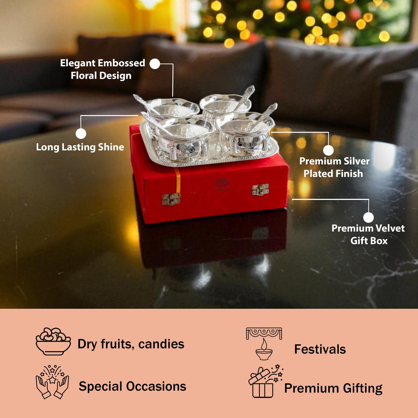 Silver Plated Designer Gift Set 6 Ice Cream Bowl with 6 Spoon & 1 Tray