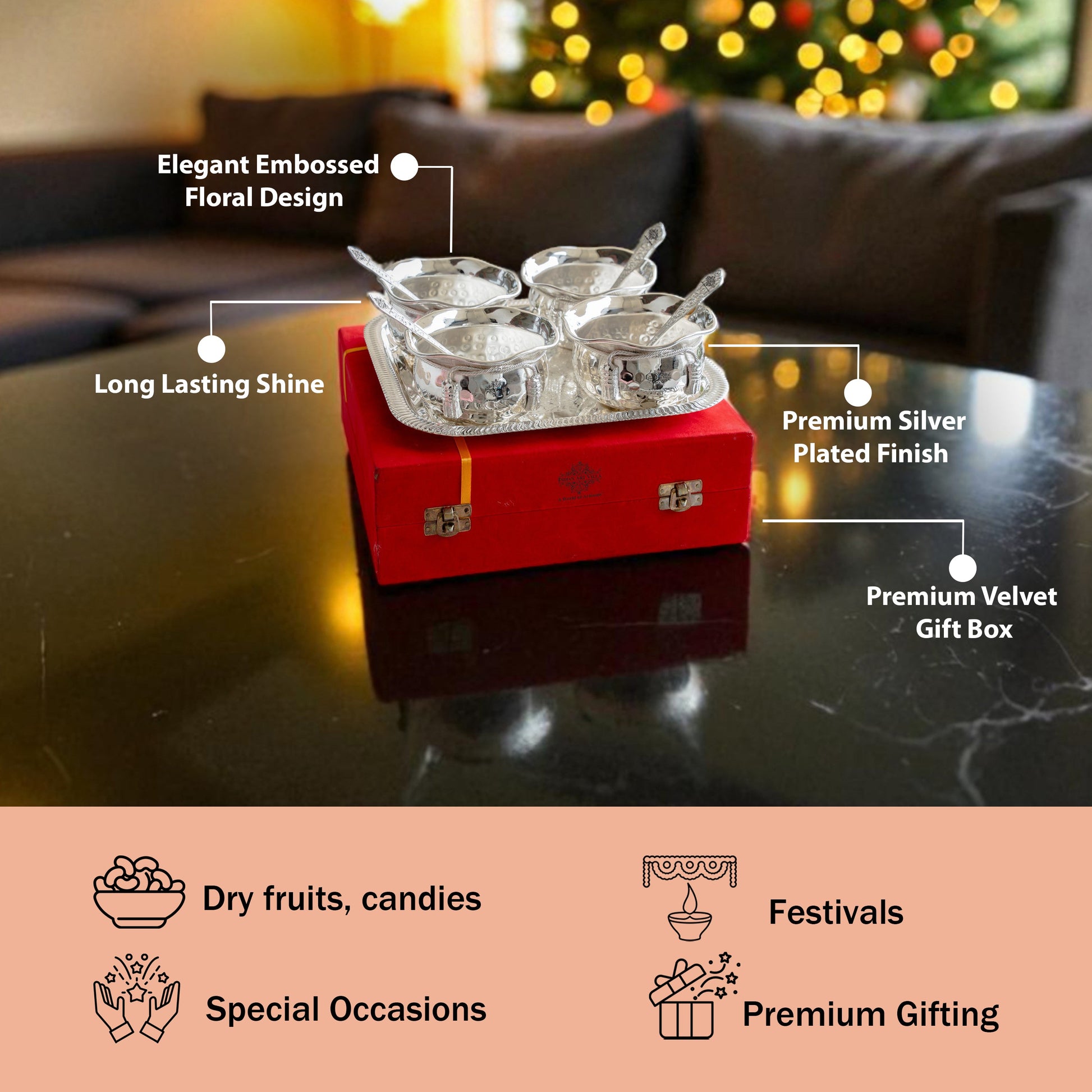 Silver Plated Designer Gift Set 6 Ice Cream Bowl with 6 Spoon & 1 Tray