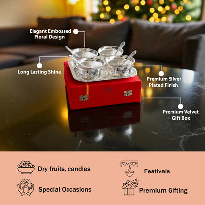 Silver Plated Designer Gift Set 6 Ice Cream Bowl with 6 Spoon & 1 Tray