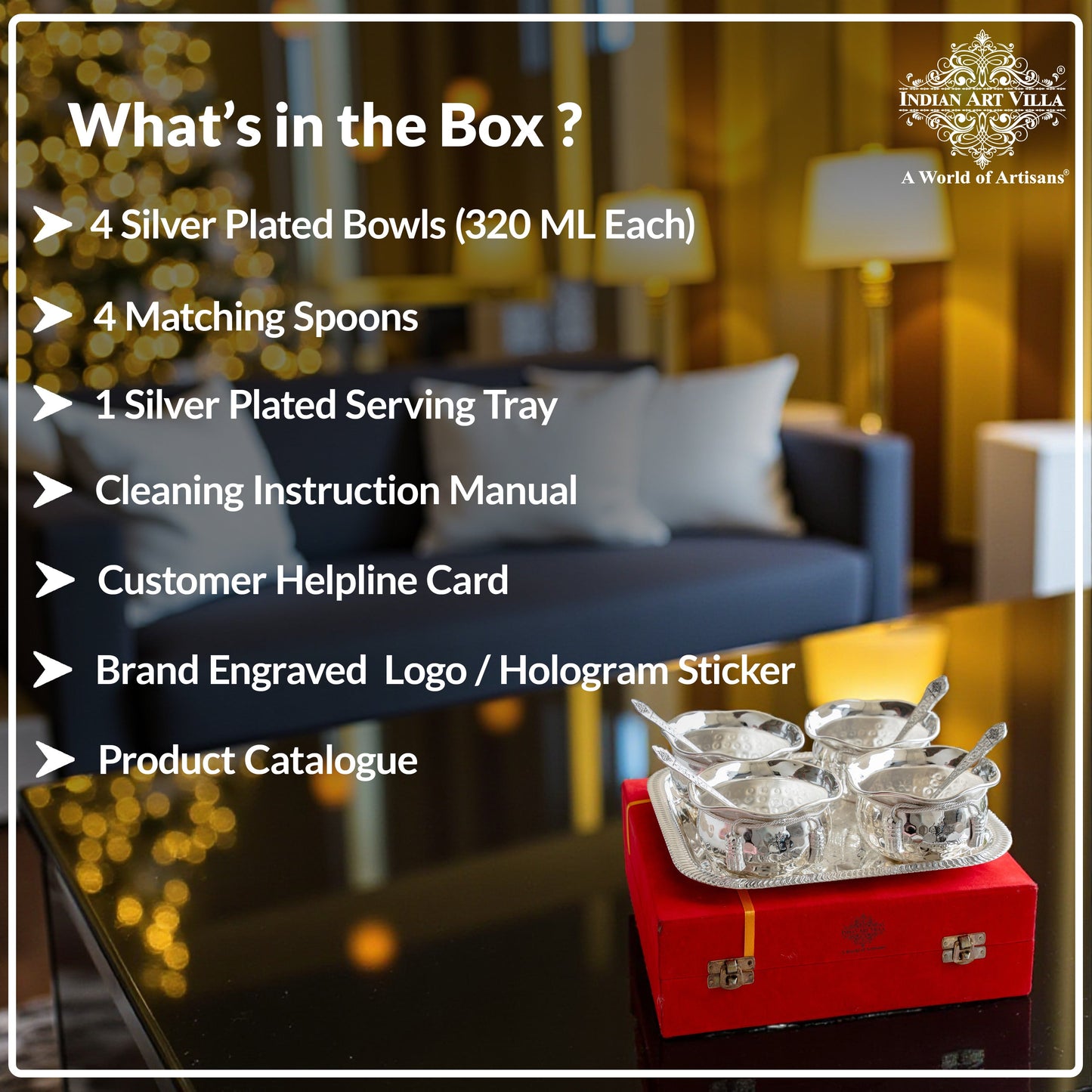 Silver Plated Designer Gift Set 6 Ice Cream Bowl with 6 Spoon & 1 Tray