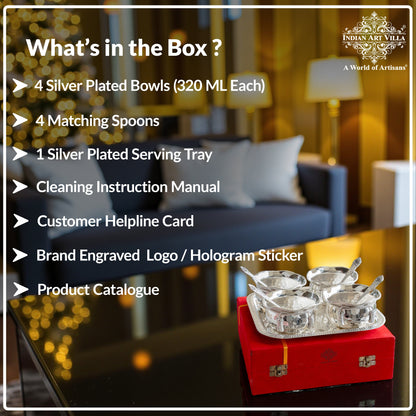 Silver Plated Designer Gift Set 6 Ice Cream Bowl with 6 Spoon & 1 Tray