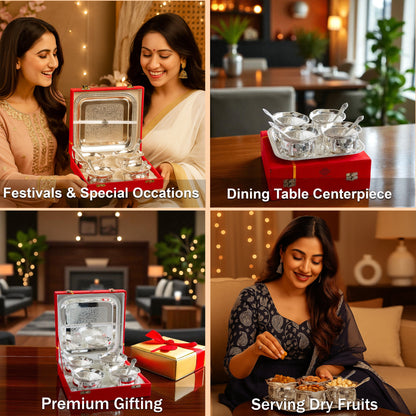 Silver Plated Designer Gift Set 6 Ice Cream Bowl with 6 Spoon & 1 Tray